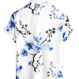 Zomer Katoenen Overhemd met Korte Mouwen in Blauwe Bloemenprint voor Mannen