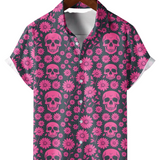 Heren Katoenen Zomershirt met Roze Skull en Margrietpatroon, Korte Mouwen en Knopen voor de Vakantie