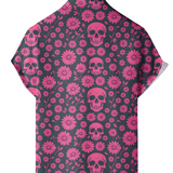 Heren Katoenen Zomershirt met Roze Skull en Margrietpatroon, Korte Mouwen en Knopen voor de Vakantie