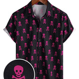 Zomer Katoenen Overhemd met Korte Mouwen voor Mannen met Roze Skulls Punk Rock en Coole Patroon