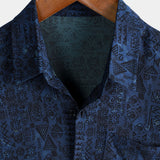 Boho Korte Mouwen Geometrische Tribale Overhemd in Marineblauw voor Mannen