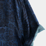Heren Korte Mouwen Katoenen Boho Shirt in Marineblauw met Geometrisch Tribalpatroon
