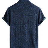 Heren Korte Mouwen Katoenen Boho Shirt in Marineblauw met Geometrisch Tribalpatroon