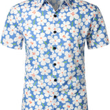Zomer Heren Katoenen Bloemen Overhemd, Casual, Slank, Korte Mouwen, Lichtblauwe Kleur