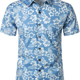 Aloha Hemd met Korte Mouwen in Blauwe Tropische Bloemenprint voor Mannen
