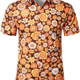 Zomerse Katoenen Overhemd met Korte Mouwen met Vintage Bloemenknopen voor Mannen, Disco Thema uit de Jaren '70.