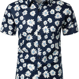 Korte Mouwen Katoenen Hawaii Shirt voor Mannen in Donkerblauwe Kleur met Margrieten