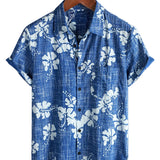 Hawaiiaanse Katoenen Overhemden voor Mannen met Korte Mouwen en Knopen in Blauw Bloemenpatroon