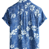 Hawaiiaanse Katoenen Overhemden voor Mannen met Korte Mouwen en Knopen in Blauw Bloemenpatroon