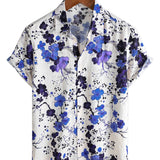 Heren Katoenen Retro Bloemen Overhemd Blauw voor de Zomer met Korte Mouwen