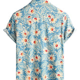 Hawaiiaanse Bloemen Overhemd van Katoen voor Mannen, voor Vakantie, Met Knopen, Blauw, Korte Mouwen