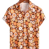 Zomerse Katoenen Overhemd met Korte Mouwen met Vintage Bloemenknopen voor Mannen, Disco Thema uit de Jaren '70.