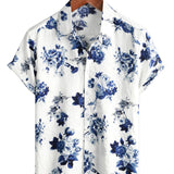 Heren Hawaiiaanse Overhemd van Katoen in Blauwe Bloemenprint, Korte Mouwen, met Knopen en Witte Kraag