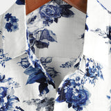 Heren Hawaiiaanse Overhemd van Katoen in Blauwe Bloemenprint, Korte Mouwen, met Knopen en Witte Kraag