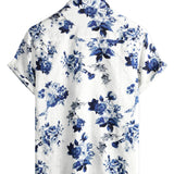 Heren Hawaiiaanse Overhemd van Katoen in Blauwe Bloemenprint, Korte Mouwen, met Knopen en Witte Kraag