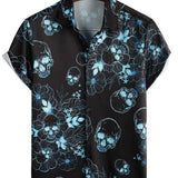 Korte Mouwen Katoenen Overhemd met Skull Bloemknopen Blauw Casual voor Mannen
