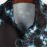 Korte Mouwen Katoenen Overhemd met Skull Bloemknopen Blauw Casual voor Mannen