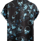 Korte Mouwen Katoenen Overhemd met Skull Bloemknopen Blauw Casual voor Mannen