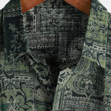 Heren Overhemd van Katoen met Retro Bloemen Paisley Patroon, Groen, Korte Mouwen