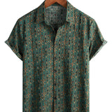 Heren Vintage Katoenen Overhemd met Paisley Patroon uit de Jaren '70, Groen, Boho, Retro, Tribaal, met Korte Mouwen