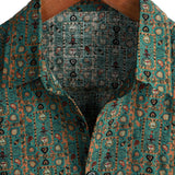 Heren Vintage Katoenen Overhemd met Paisley Patroon uit de Jaren '70, Groen, Boho, Retro, Tribaal, met Korte Mouwen