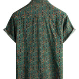 Heren Vintage Katoenen Overhemd met Paisley Patroon uit de Jaren '70, Groen, Boho, Retro, Tribaal, met Korte Mouwen