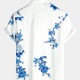 Casual Overhemd met Korte Mouwen van Katoen met Knopen voor Mannen in Blauw met Bloemenpatroon