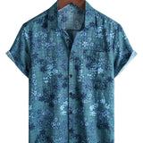 Retro Casual Katoenen Overhemd met Korte Mouwen en Bloemenzak in Blauwe Kleur voor Mannen