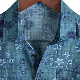 Retro Casual Katoenen Overhemd met Korte Mouwen en Bloemenzak in Blauwe Kleur voor Mannen