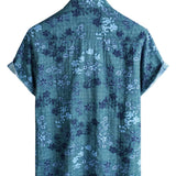 Retro Casual Katoenen Overhemd met Korte Mouwen en Bloemenzak in Blauwe Kleur voor Mannen