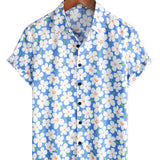Zomer Heren Katoenen Bloemen Overhemd, Casual, Slank, Korte Mouwen, Lichtblauwe Kleur