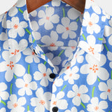 Zomer Heren Katoenen Bloemen Overhemd, Casual, Slank, Korte Mouwen, Lichtblauwe Kleur