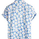 Zomer Heren Katoenen Bloemen Overhemd, Casual, Slank, Korte Mouwen, Lichtblauwe Kleur
