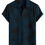 Hawaiiaanse korte mouwen katoenen overhemd met palmprint voor mannen, marineblauw