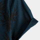 Hawaiiaanse korte mouwen katoenen overhemd met palmprint voor mannen, marineblauw