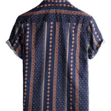 Korte Mouw Katoenen Overhemd met Knopen voor Mannen, Retro uit de Jaren '70, Strepen, Marineblauw, Vintage