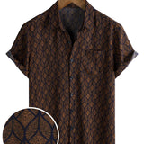 Korte Mouwen Katoenen Overhemd met Pocket in Retro Geometrisch Patroon in Bruine Kleur voor Mannen