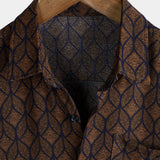 Korte Mouwen Katoenen Overhemd met Pocket in Retro Geometrisch Patroon in Bruine Kleur voor Mannen