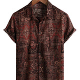 Heren Katoenen Retro Overhemd met Paisley Bloemenpatroon, Met Knopen, Vintage, Voor Vakantie, Westers, Bruin, Korte Mouw
