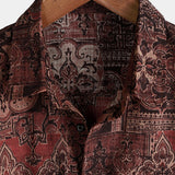 Heren Katoenen Retro Overhemd met Paisley Bloemenpatroon, Met Knopen, Vintage, Voor Vakantie, Westers, Bruin, Korte Mouw