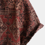 Heren Katoenen Retro Overhemd met Paisley Bloemenpatroon, Met Knopen, Vintage, Voor Vakantie, Westers, Bruin, Korte Mouw
