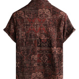 Heren Katoenen Retro Overhemd met Paisley Bloemenpatroon, Met Knopen, Vintage, Voor Vakantie, Westers, Bruin, Korte Mouw
