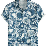 Hawaiiaanse shirt van katoen met schedelvormige knopen voor mannen, korte mouwen, blauw, rock and roll