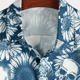Hawaiiaanse shirt van katoen met schedelvormige knopen voor mannen, korte mouwen, blauw, rock and roll