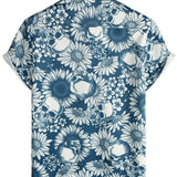 Hawaiiaanse shirt van katoen met schedelvormige knopen voor mannen, korte mouwen, blauw, rock and roll
