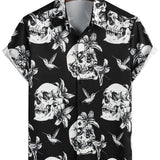 Zwarte Hawaiiaanse Overhemd met Korte Mouwen voor Mannen met Doodskop, Kolibrie en Punk Rock Stijl