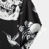 Zwarte Hawaiiaanse Overhemd met Korte Mouwen voor Mannen met Doodskop, Kolibrie en Punk Rock Stijl