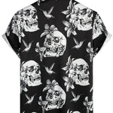 Zwarte Hawaiiaanse Overhemd met Korte Mouwen voor Mannen met Doodskop, Kolibrie en Punk Rock Stijl