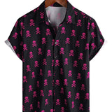 Zomer Katoenen Overhemd met Korte Mouwen voor Mannen met Roze Skulls Punk Rock en Coole Patroon