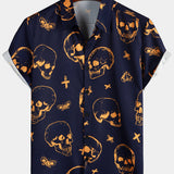 Aloha Overhemd van Katoen met Korte Mouwen met Knopen en Oranje Skull Patroon voor Mannen